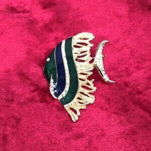 Vintage Gold-Tone Fish Brooch With Green & Blue Enamel Accents